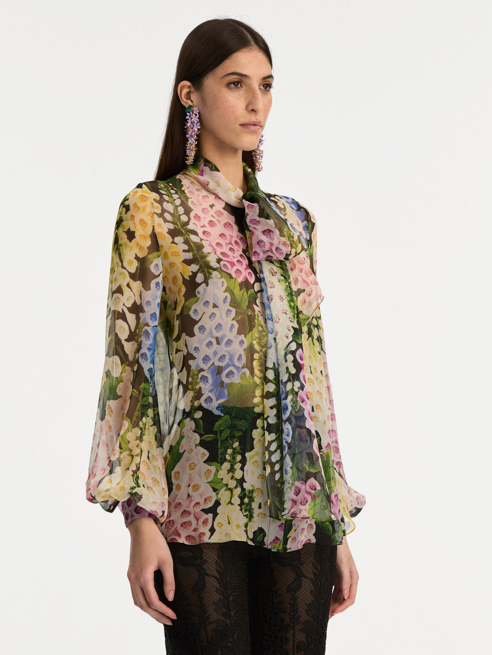 Oscar de la Renta Foxglove Tie-Neck Chiffon Blouse