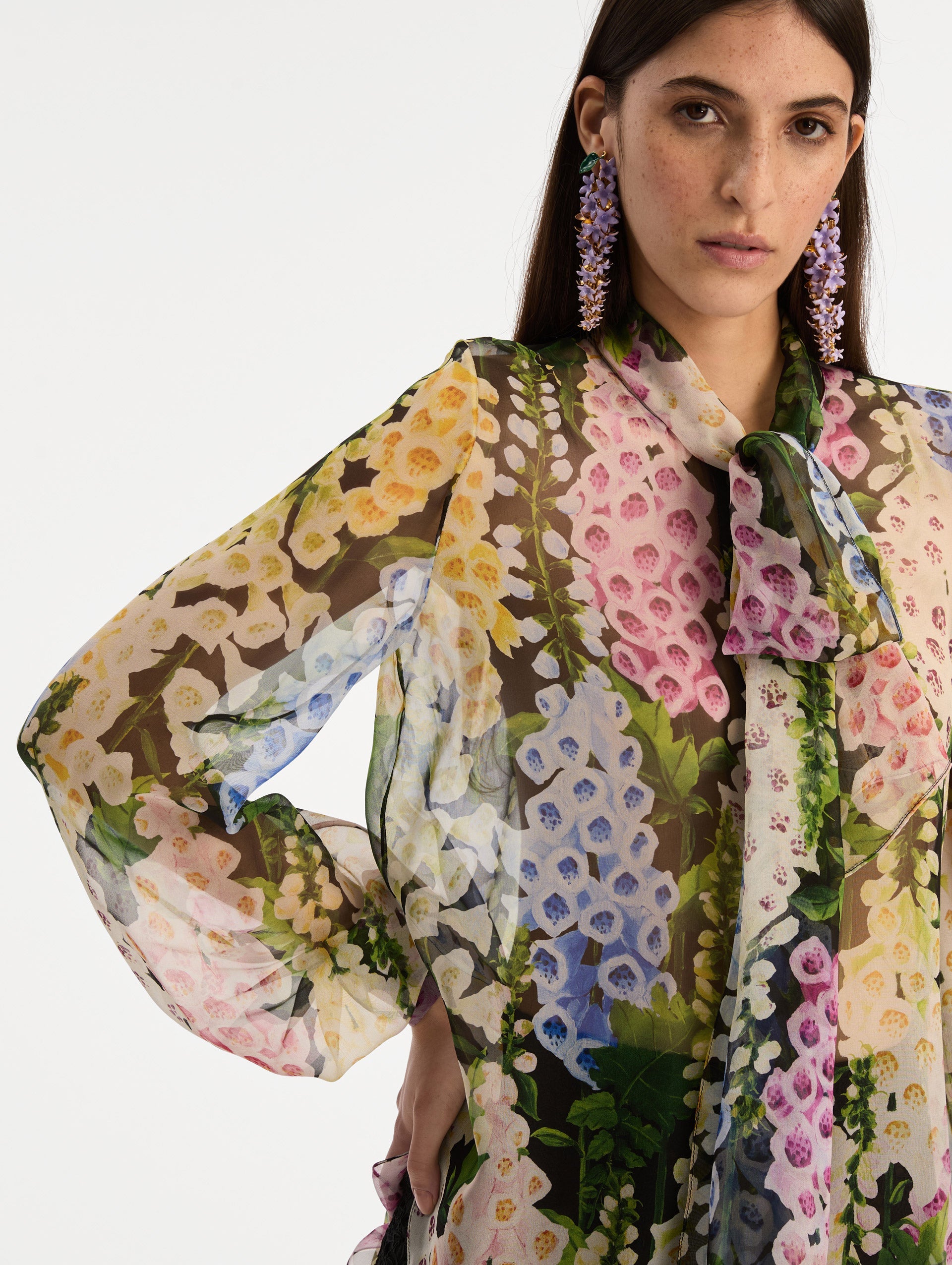 Oscar de la Renta Foxglove Tie-Neck Chiffon Blouse