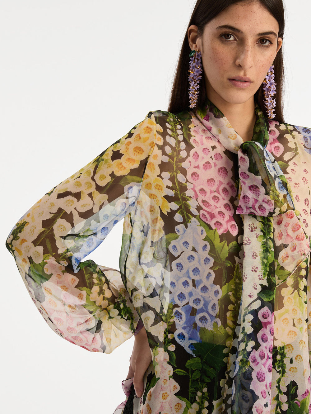 Oscar de la Renta Foxglove Tie-Neck Chiffon Blouse