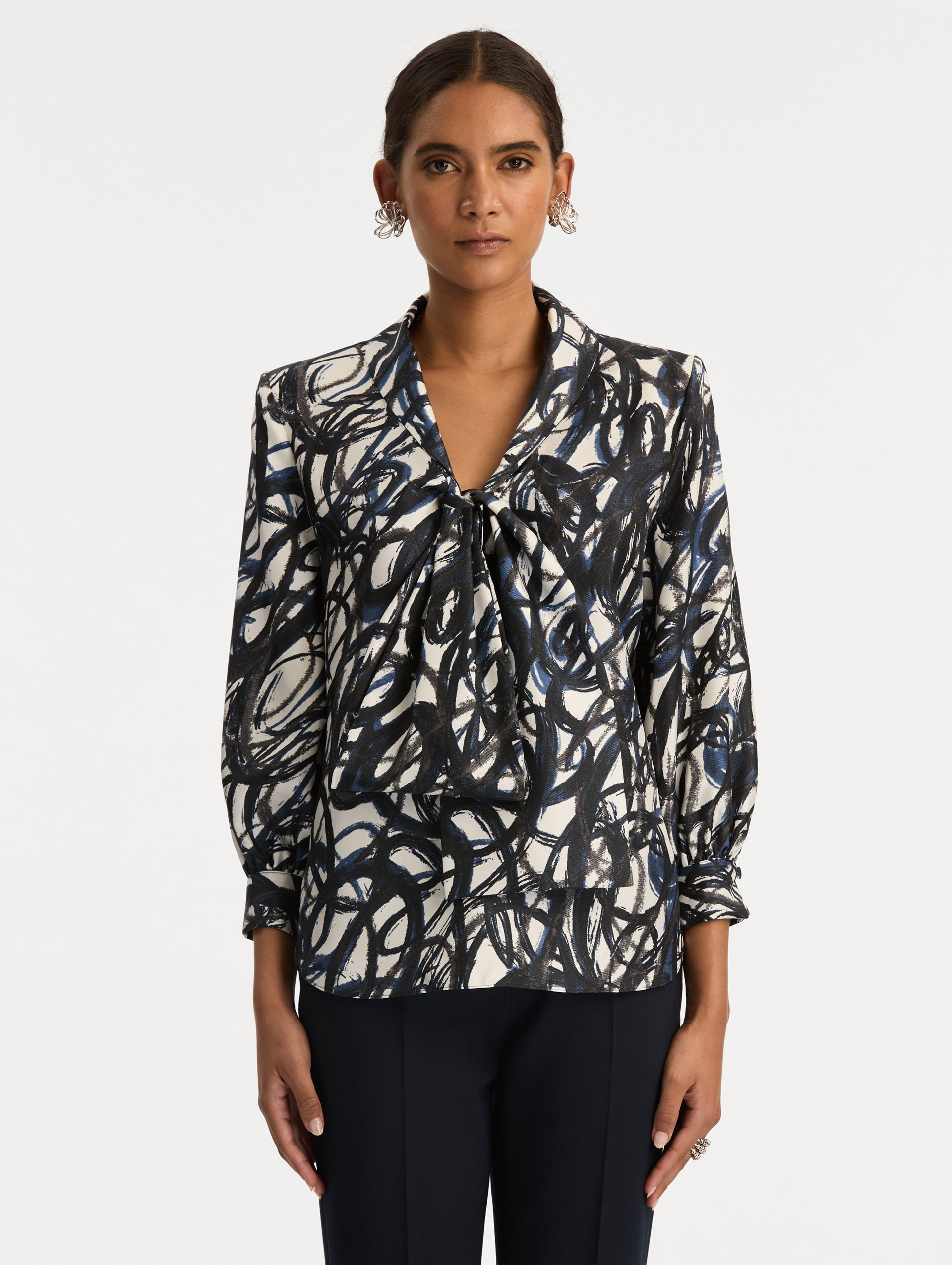 Oscar de la Renta Abstract Sketch Silk Twill Blouse