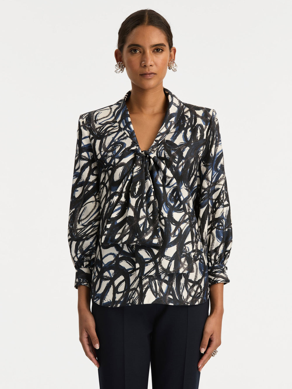 Oscar de la Renta Abstract Sketch Silk Twill Blouse