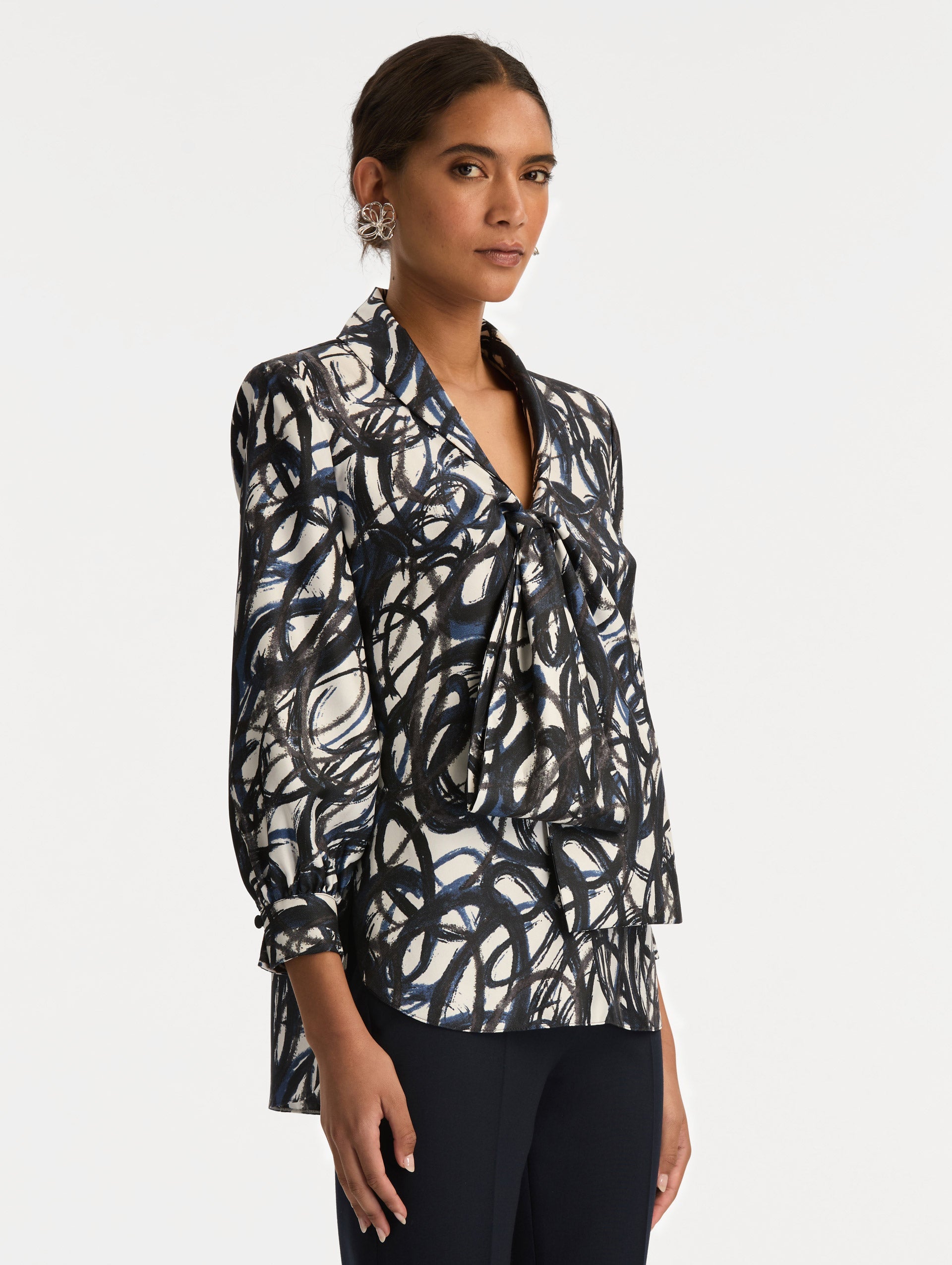 Oscar de la Renta Abstract Sketch Silk Twill Blouse
