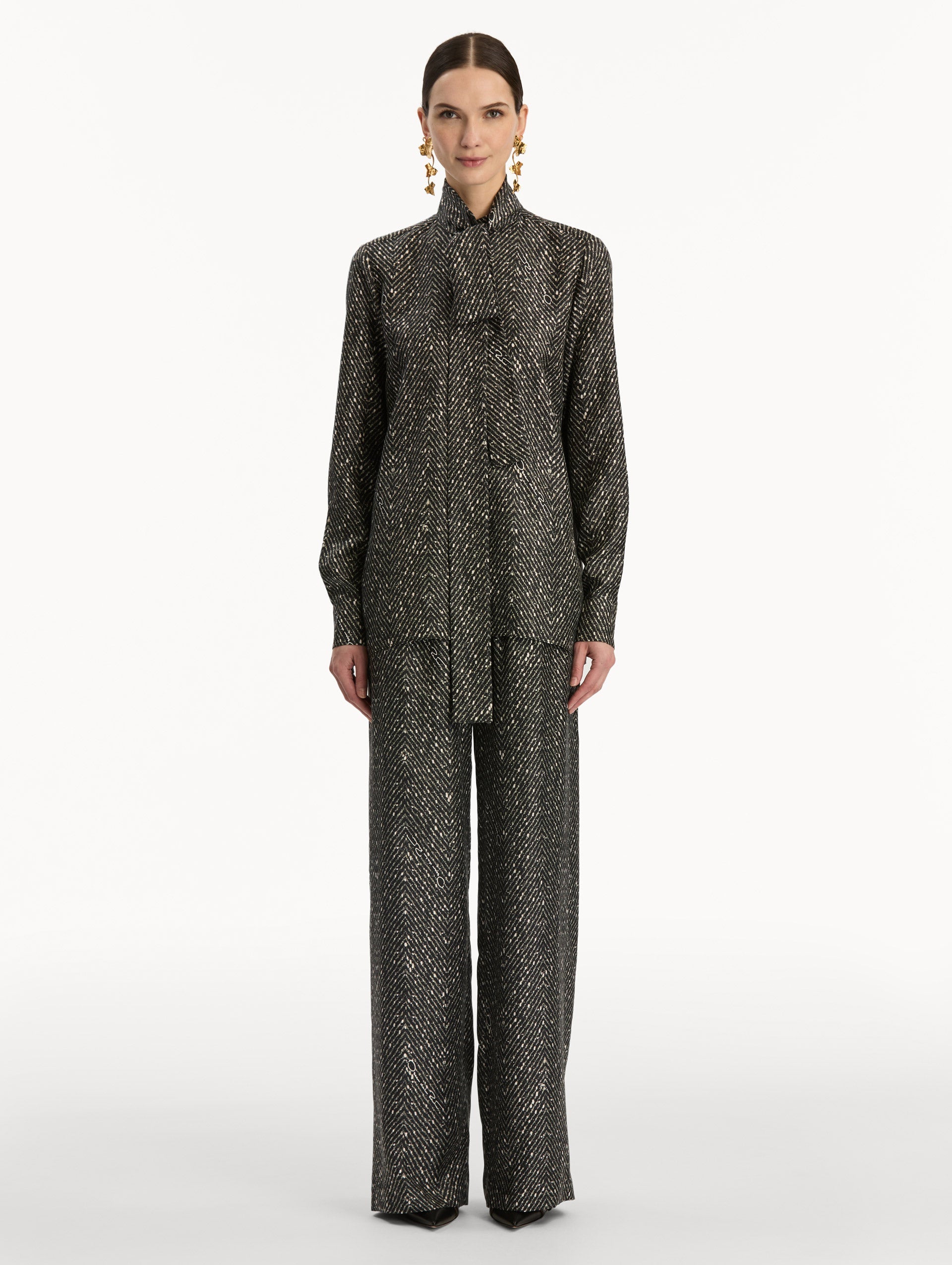Oscar de la Renta Chevron Tie-Neck Silk Twill Blouse
