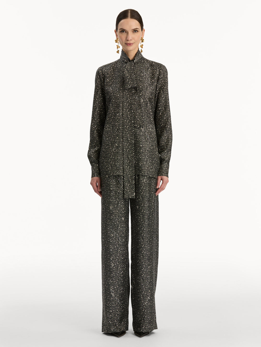 Oscar de la Renta Chevron Tie-Neck Silk Twill Blouse