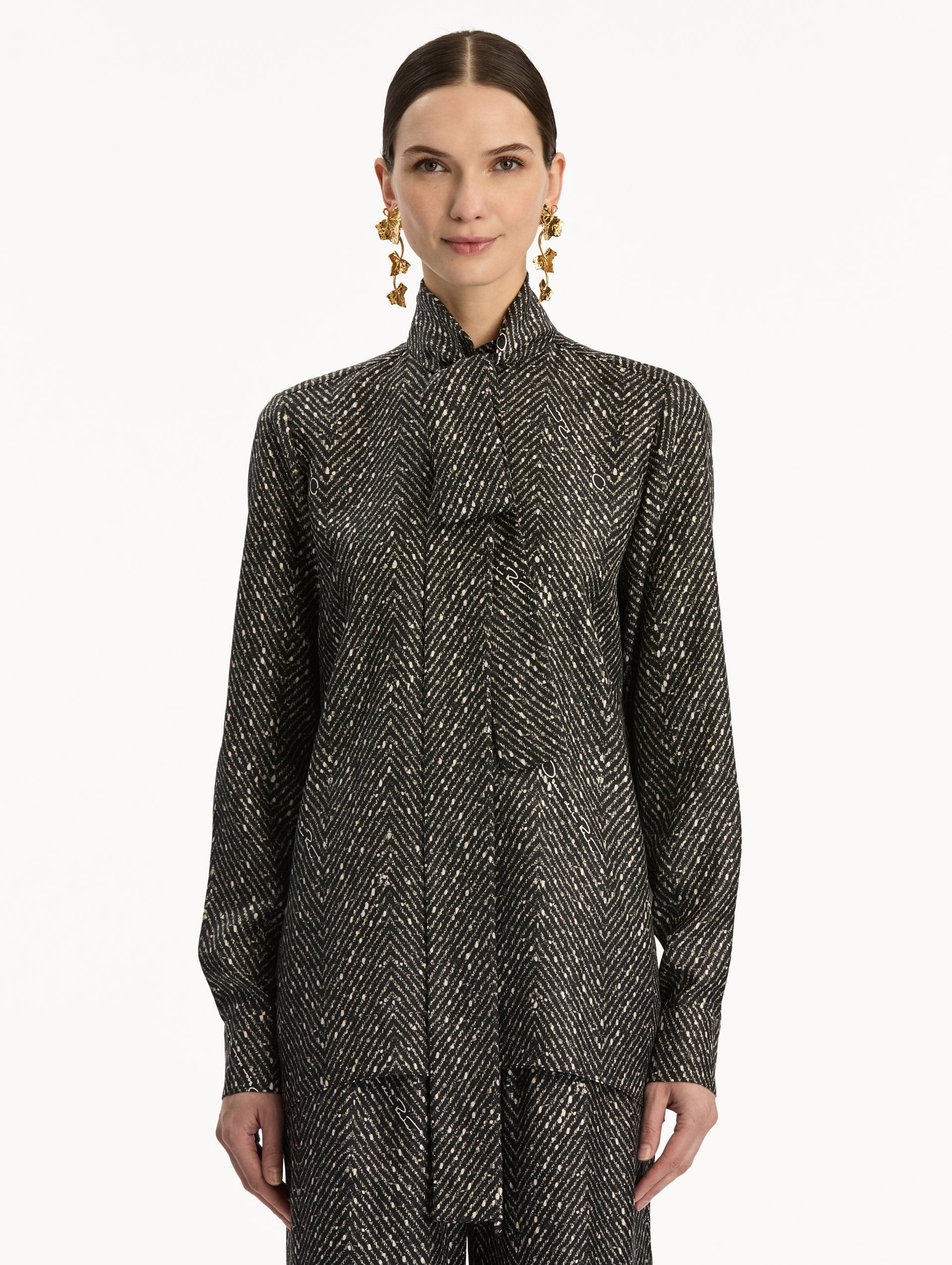Oscar de la Renta Chevron Tie-Neck Silk Twill Blouse