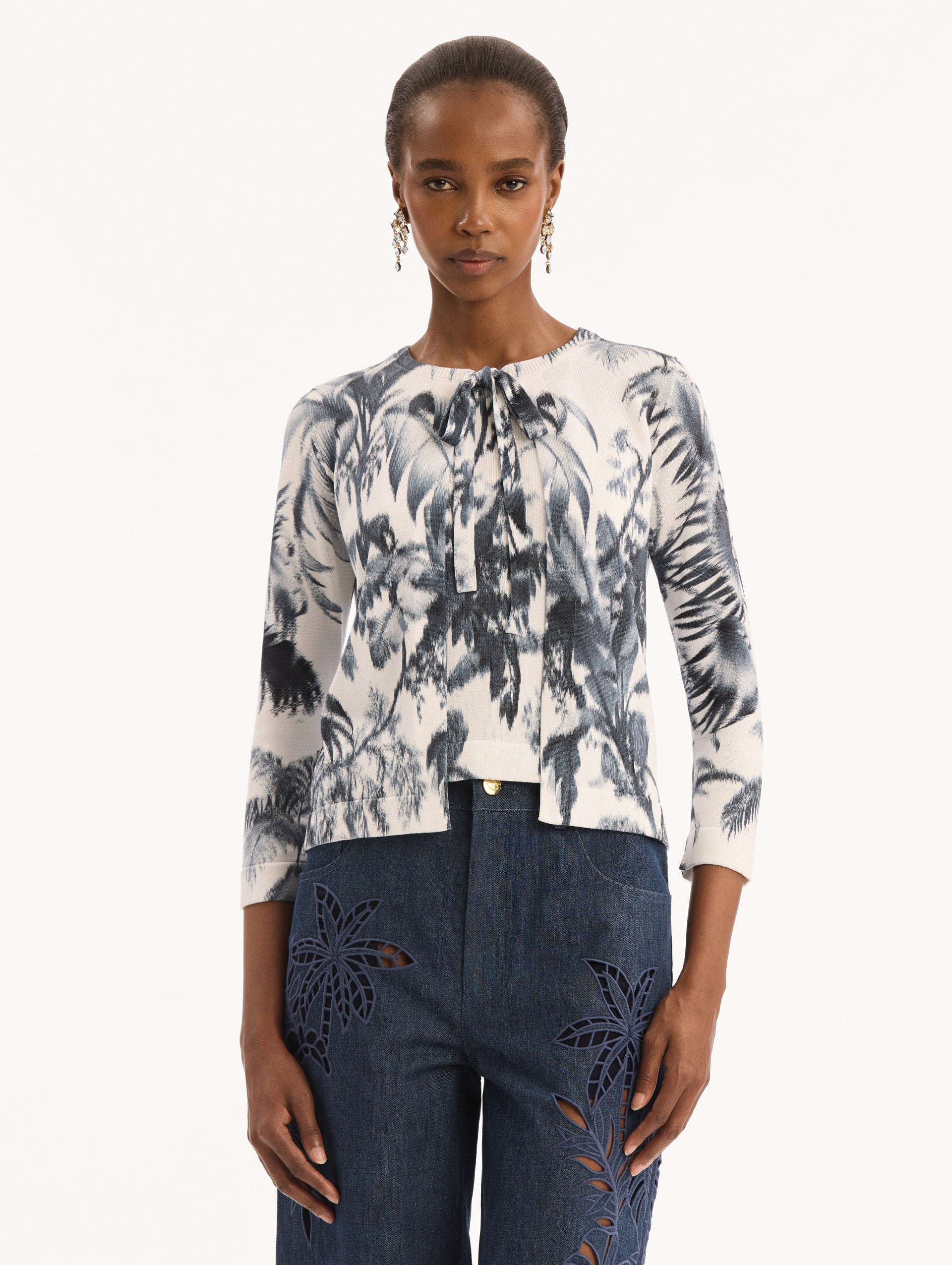 Oscar de la Renta Chiné Palm Leaves Cardigan
